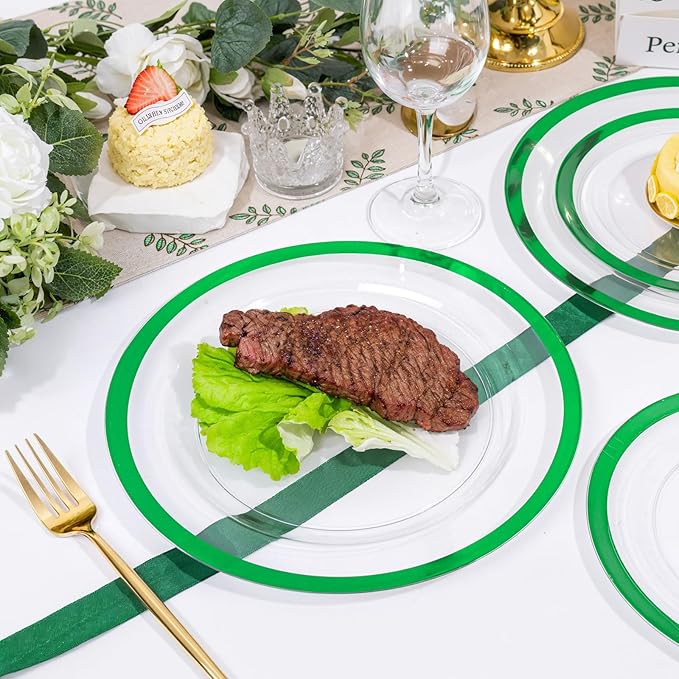 U-QE 120PCS Clear Green Plastic Plates - Clear Plastic Plate Disposable Heavy Duty- Include 60 10" Dinner and 60 7" Dessert Plates, Perfect for Party, Wedding