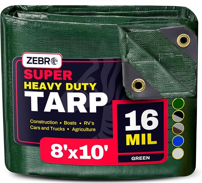 8' x 10' Green Heavy Duty Tarp with Grommets Reinforced - 16 Mil Thick - Double Sided Plastic Tarps Waterproof - Large Tarpaulin Cover for Outdoor Camping Over/Under Tent Tarp RV Roof Rain - Zebro