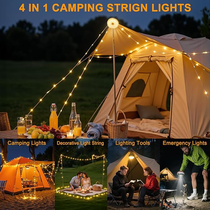Camping String Lights, 4 in 1 Portable Camping Lights Rechargeable with 8 Lighting Modes, Remote Control, Quick Storage, 33FT Waterproof Tent Lights for Hiking, Yard, Party, Christmas Decor