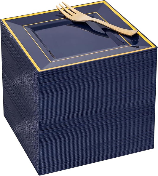WDF 200PCS Blue Plastic Dessert Plates with Plastic Forks -6’’ 100 Square Disposable Appetizer Plates Small Cake Plates with Gold&100 Navy Blue Small Appetizer Forks
