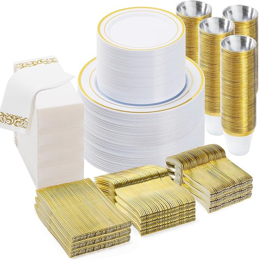 BESTVIP 700 PCS Gold Dinnerware Set for 100 Guests, Plastic Dinnerware Set for Party, Christmas, Include: 200 Plastic Plates, 100 Gold Silverware, 100 Cups, 100 Paper Napkins