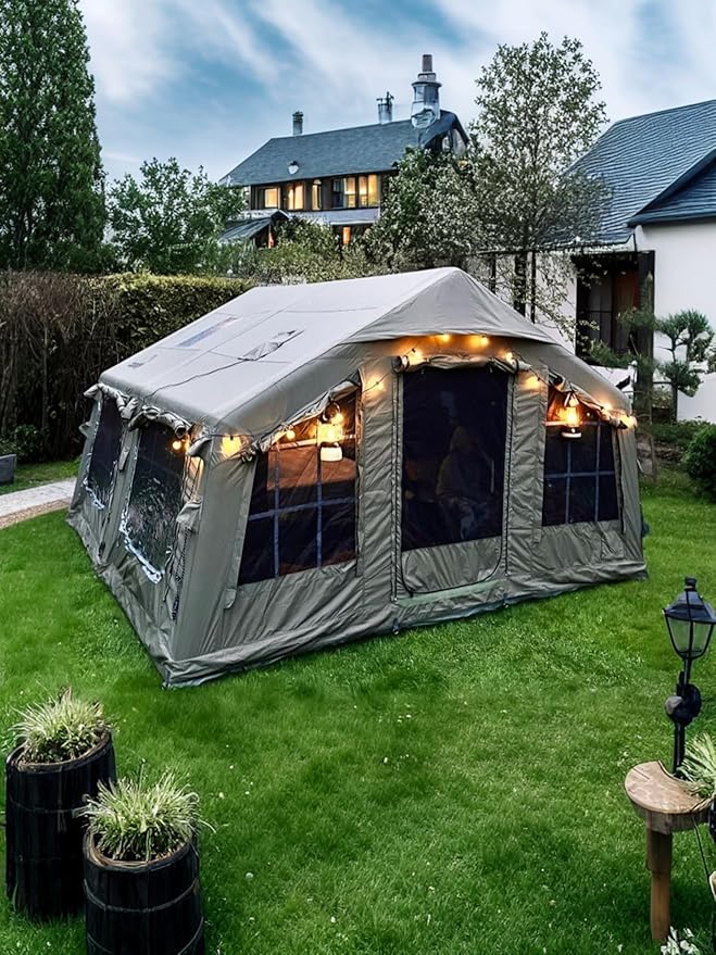 Coody | Rbm Outdoors Koala/Hub/Octopus Inflatable Tents for Camping with Stove Jack, 2/8/10 Person Luxury Canvas Blow Up Tent, 2 Room, Easy Setup Casa de Campaña, Large Inflatable House with Pump