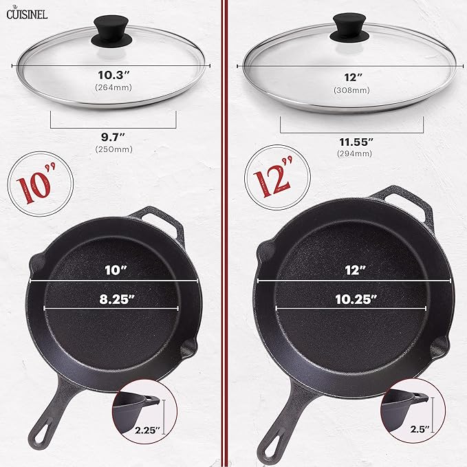 Cuisinel Cast Iron Skillets Set - 6"+8"+10+12"-Inch + Glass Lids + Silicone Handle Holder Cover Grips - Pre-Seasoned Frying Pan - Oven Cookware - Use Indoor/Outdoor, Grill, Stovetop, Fire