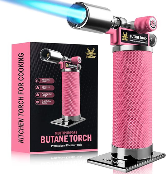 RAVS Butane Torch, Kitchen Torch Lighter for Creme Brulee with Adjustable Flame, Cooking Torch for Baking, BBQ, Desserts, Metal Mini Torch with Safety Buckle, Pink (Butane Not Included)