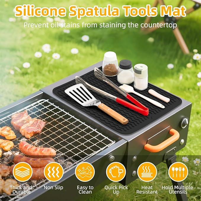 Silicone Grill Mat for Blackstone, Silicone Side Shelf Tool Mat, Outdoor BBQ Spatula Mat, with Drip Pad Kitchen Countertop Heat Resistant Mat, Griddle Accessories (Black)