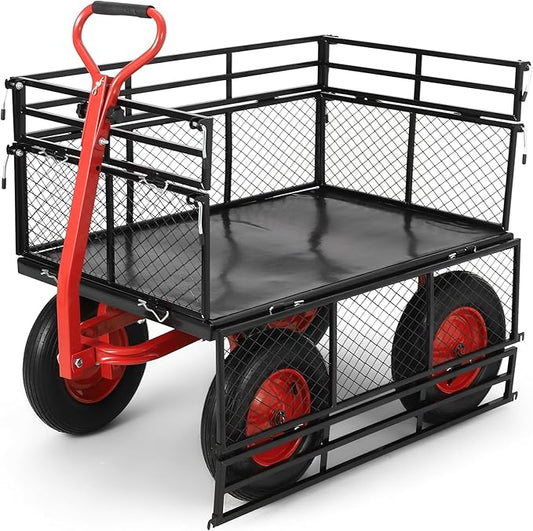 1400lbs Steel Garden Cart, Heavy Duty Yard & Garden Wagon w Removable Mesh Sides, Utility Metal Wagon Convert into Flatbed w 2-in-1 Rotating Handle, 16 inch All Terrain Wheels for Garden, Farm, Yard
