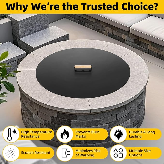 G GOOD GAIN Firepit Lid Round 30 Inch - Rust Resistant Fire Pit Lid Cover with Wooden Handle & Gloves, Fire Pit Snuffer Lid for Courtyards, Patio, Winter Cold Protection. Fits Fire Pits Up to 28"