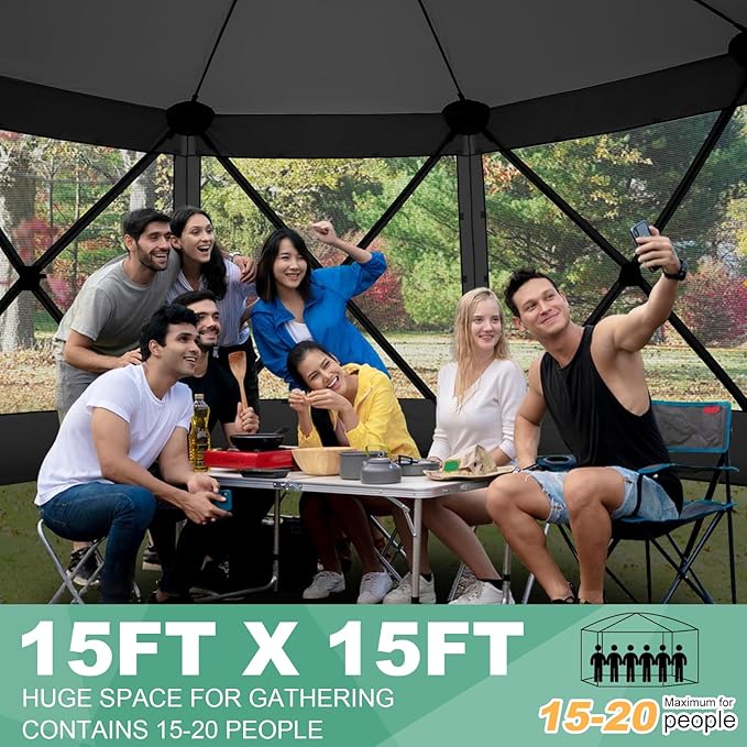 COBIZI 15x15ft Extra Large Pop-Up Gazebo Canopy Tent with Mosquito Netting, Spacious Easy Set-Up Screened Shelter, Durable Outdoor Pavilion with Ground Stakes, Perfect for Patio, Backyard,Black