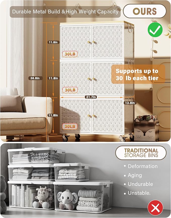 3 Tier Metal Storage Bins and Boxes Organizer, Magnetic Doors & 360°Swivel Lockable Wheels, Easy,labor-Saving, Ocean Life Cutout Pattern, Eco-Aesthetic for Living Room,Bedroom,bathroom,kitchen