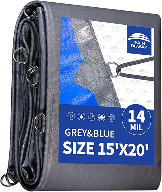 RAINDEWAY Tarps Heavy Duty Waterproof 15x20 Feet -14 Mils Super Heavy Duty Tarp with Metal Rings and Reinforced Corners and Edges, UV Resistant, Multipurpose Poly Tarp,Blue/Gray tarp