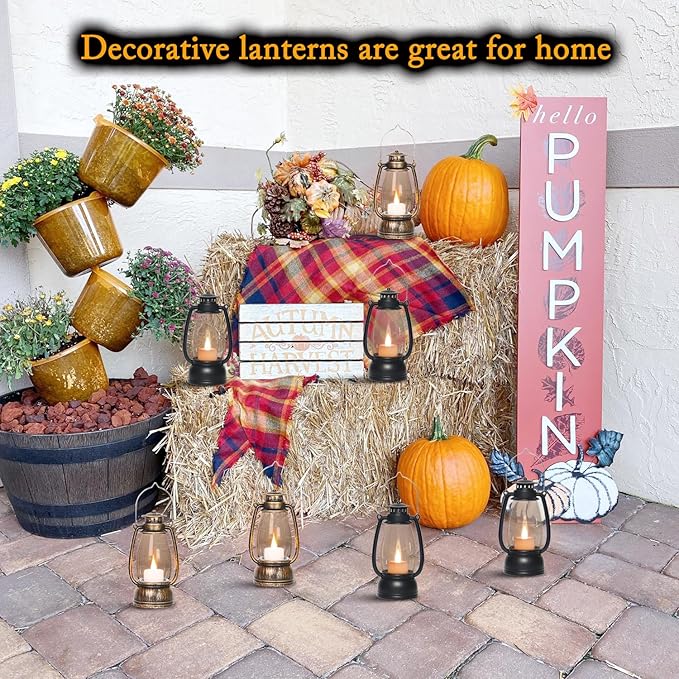 LLQ Small Lantern Decorative with Remote, Vintage Mini Candle Lanterns Decor, Black Lantern Decor for Table Centerpieces,Camping,Western Party,Rustic Wedding,Halloween,Christmas Decor