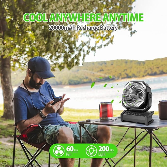 20000mAh Rechargeable Camping Fan - Battery Operated Fan with Light & Remote, Auto Oscillating, 4 Timer, 60 Hrs Work Cordless Tent Fan for Travel Outdoor RV Garage Power Outage Emergency