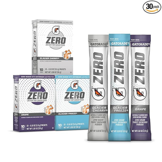 Gatorade G Zero Sports Drink Mix Powder Packets, 3 Flavor Frost Variety Pack, Electrolyte Powder Drink Mix for Hydration, Zero Sugar, 30 Total Packets