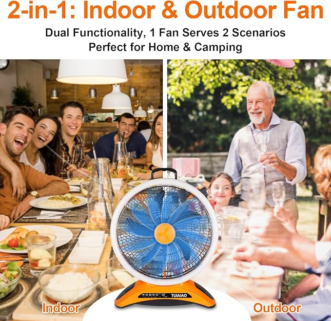 Big Size Camping Fan, 45000mAh Battery Rechargeable Portable Fan, 12-Inch Extra Large Blade & 830CFM Super Airflow, Ring LED, Cordless for Outdoor Large BBQ RV Tent Garage Hurricane Emergencies Indoor