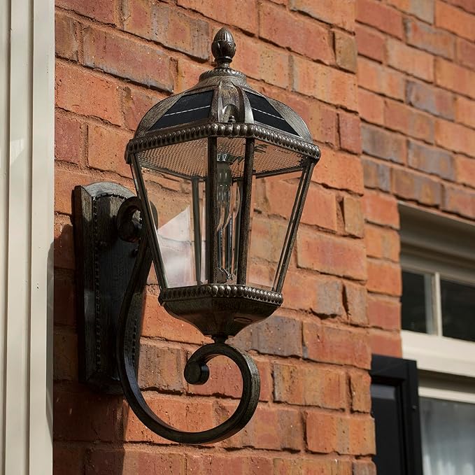 Gama Sonic Solar Outdoor Wall Light, Royal Bulb Exterior Sconce Lamp, Weathered Bronze Finish Aluminum, Rain Water Glass, Warm White LED with Omni-Direction Reflector, 98B310 Upgraded Panel & Battery