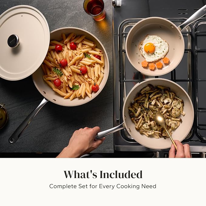 Redchef Ceramic Pan Set, 4-Piece Ceramic Frying Pan, 8" 9.5" 11" Saute Pan Skillet, Non Toxic Nonstick Pan for Cooking, skillets and frying pans, PFAS & PTFE & PFOA Free, Dishwasher & Oven Safe, Beige