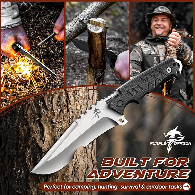 Purple Dragon Tactical Knife with Kydex Sheath - D2 Steel Survival Knives for Camping, Bushcraft, Hunting - Ergonomic G10 Handle Outdoor Survival Gear Gift for Men(Black)