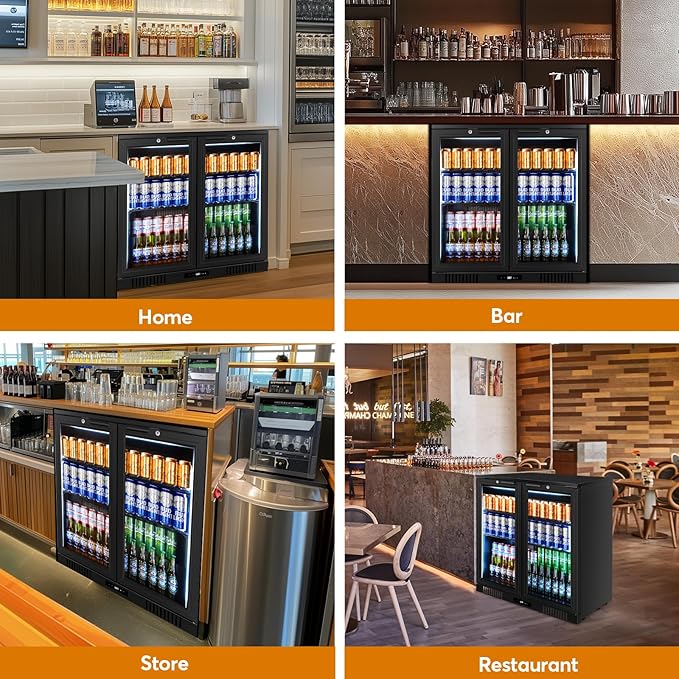 Back Bar Cooler Undercounter Beverage Refrigerator with Glass Door, Commercial Display Fridge for Beer Drink Soda with Temperature Control, 7.2Cu. Ft. Large Capacity, Black