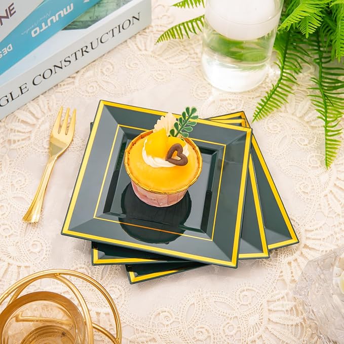 WDF 200PCS Green and Gold Plastic Dessert Plates with Plastic Forks -6’’ 100 Square Disposable Appetizer Plates Small Plates Cake Plates with Gold&100 Green Small Appetizer Forks for St. Patrick’s Day