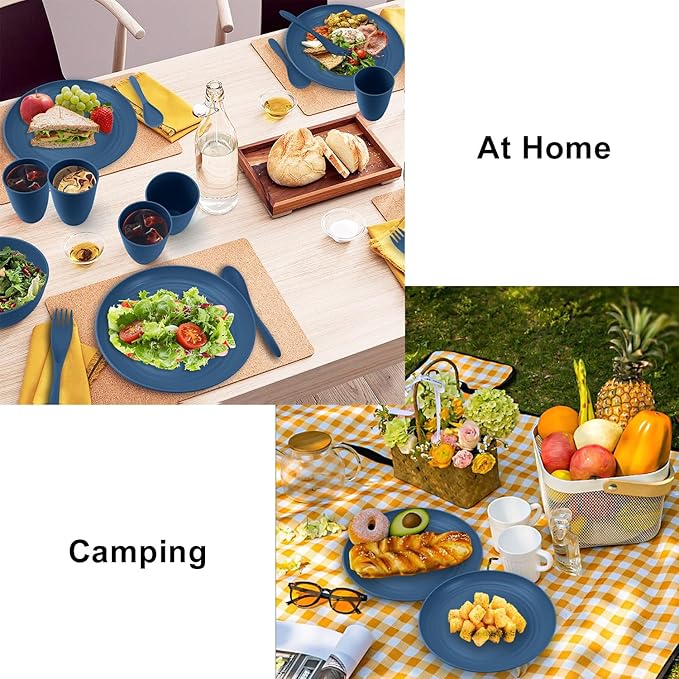 Wheat Straw Dinnerware Sets 20 PCS, Unbreakable Kid Plates and Bowls Sets, Alternative to Plastic Dishes Set for 4, Dinner Plates, Drinking Glasses for Camping, College, Dorm (Blue)
