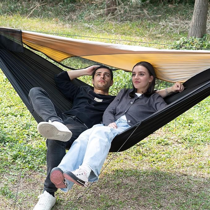 Camping Hammock with Mosquito Net and Sunshade, Backpacking Hammock with Ridge Rope Tree Straps, Lightweight Portable Hammocks for Outside, Hiking, and Travel