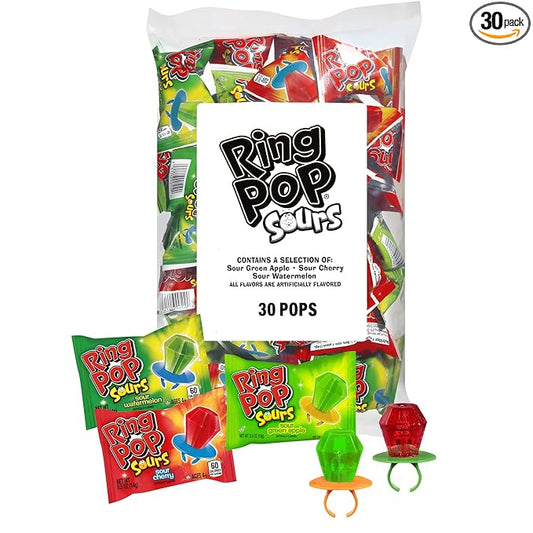 Ring Pop Sour Halloween Candy Lollipops, 30 Ct Bulk Individually Wrapped in Assorted Fruity Sour Flavors, Full Size, Hard Candy For Birthday, Party Favors, Trick or Treat, Halloween Bowls, Kids Gifts