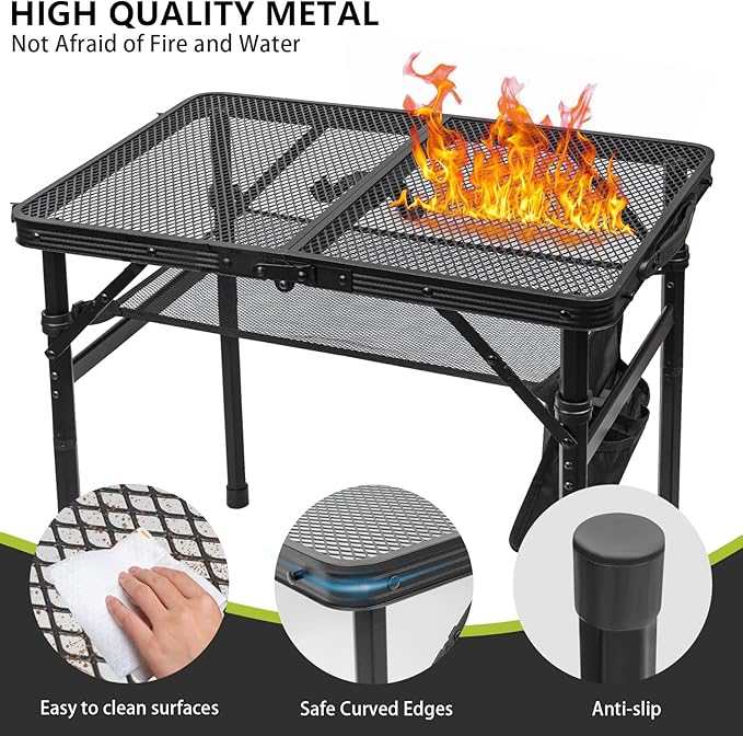 Portable Folding Grill Table, Lightweight Height Adjustable,Camping Picnic Table with Mesh Desktop and Mesh Bag for Outdoor for Picnic,Camping,BBQ,Beach (2 * 1.3FT)