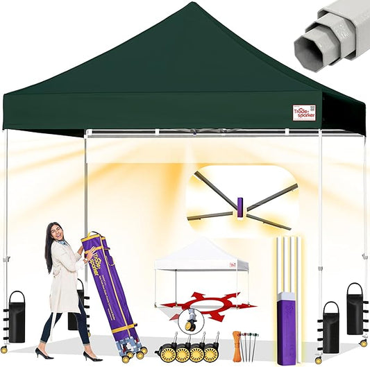 Tradesparker 8x8 Pop Up Canopy Tent,Easy up Commercial Canopy Tent Instant Shelter for Beach Events Parties Camping Market,Pop Up Canopies with LED Curtain+Casters+Weight+Stakes,Forest Green