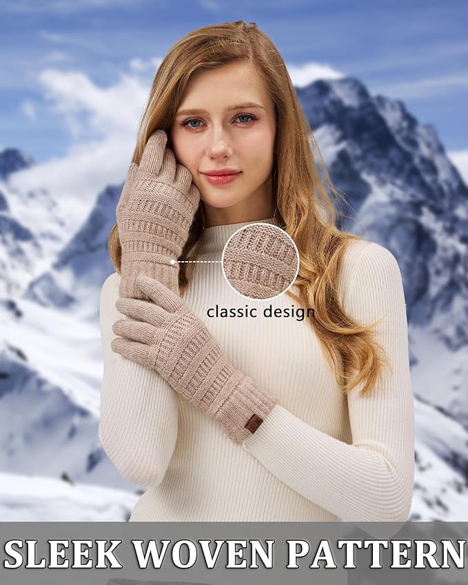 REACH STAR 2 Pairs Winter Gloves for Women - Upgraded Touch Screen Warm Knit Gloves Cold Weather, Soft Fleece Lining Elastic