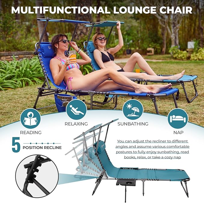 FUNDANGO 4 in 1 Tanning Chair with Face Hole, Beach Lounge Chair w/Canopy Shade & Side Table Chaise Lounge Chairs for Patio, Pool, Lawn, Sunbathing, 5-Position Adjustable Sun Lounger, Set of 2 Cyan