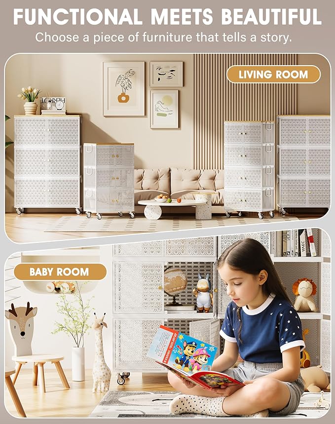 3 Tier Metal Storage Bins and Boxes Organizer, Magnetic Doors & 360°Swivel Lockable Wheels, Easy,labor-Saving, Ocean Life Cutout Pattern, Eco-Aesthetic for Living Room,Bedroom,bathroom,kitchen