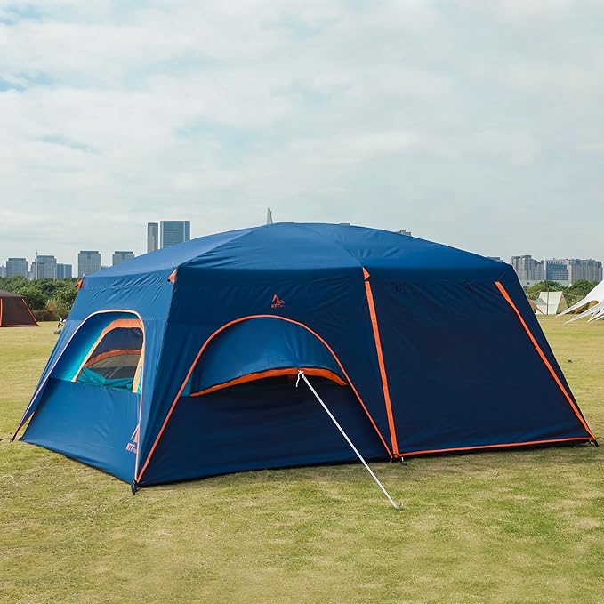 KTT Extra Large Tent 10-12-14 Person(B),Family Cabin Tents,2 Rooms,3 Doors and 3 Windows with Mesh,Straight Wall,Waterproof,Double Layer,Big Tent for Outdoor,Picnic,Camping,Family Gathering