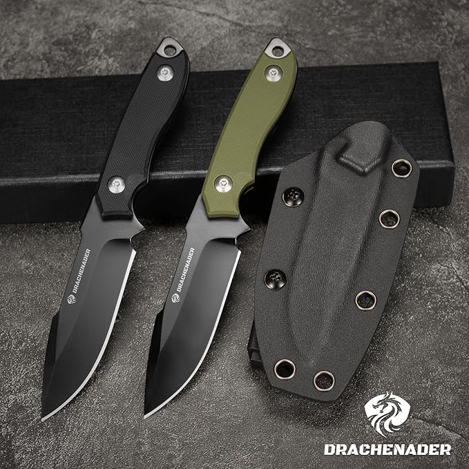 7" D2 Steel EDC Fixed Blade Knife, Versatile Carry with Kydex Sheath and G10 Handle (B- Black Balde + Green Handle)
