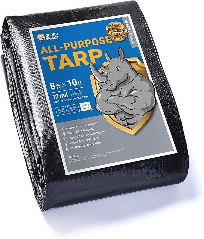 GUARD SHIELD Heavy Duty Tarp 8x10 Feet Black Tarp Large Outdoor Tarps Waterproof with Grommets Cover 12mil