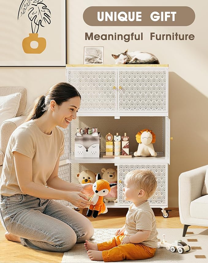 3 Tier Metal Storage Bins and Boxes Organizer, Magnetic Doors & 360°Swivel Lockable Wheels, Easy,labor-Saving, Ocean Life Cutout Pattern, Eco-Aesthetic for Living Room,Bedroom,bathroom,kitchen