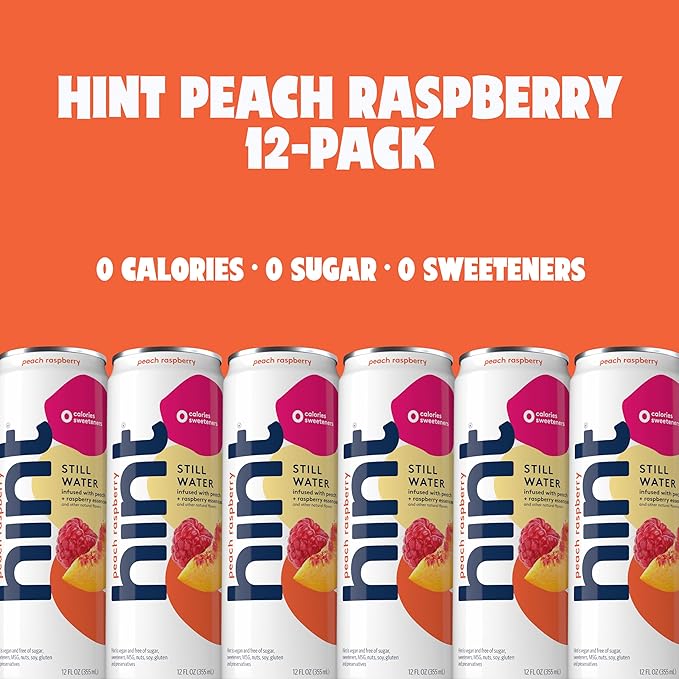 Hint Canned Water, Peach Raspberry - Purified Flavored Water with Zero Calories, Natural Flavors, and Sugar Free - 12 Fl Oz Cans (Pack of 12)