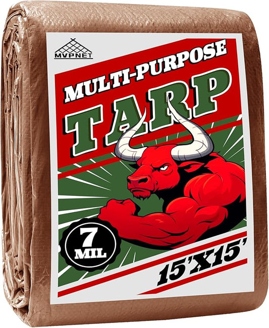 Tarp 15x15 ft 100% Waterproof 7mil Durable Grommets and Reinforced Edges,Uv Resistant,Green/Brown Tarp,Emergency Rain Shelter,Outdoor Cover and Camping Use -by MVPNET