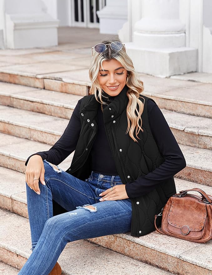 Zeagoo Puffer Vest Women Sleeveless Quilted Jacket Lightweight Snap Zip Up Stand-up Collar Down with Pockets Outerwear