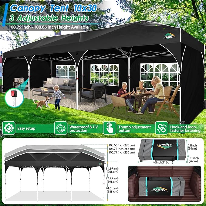 COBIZI 10X30 Party Tent 10x30 Pop Up Canopy Tent for Parties with Wheeled Bag|Push Center Lock & 5 Sidewalls|Waterproof & UPF50+|Gazebo Outdoor Canopy for Wedding,BBQ with 8 Stakes & 16 Ropes,Black