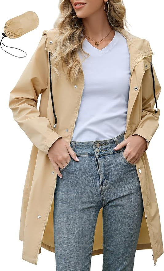 Zando Long Packable Rain Jacket Women Waterproof - Raincoat for Women Rain Coat with Hood Lightweight Outdoor Windbreaker