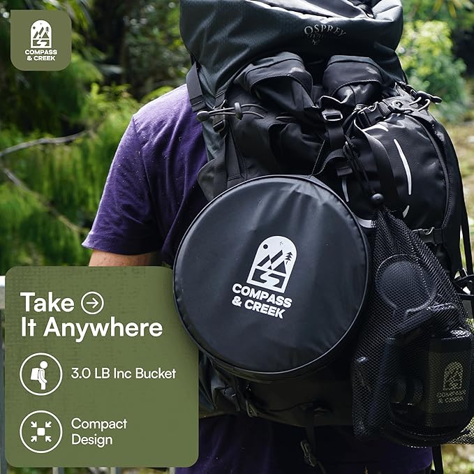 Camping Shower Pump Kit – Portable High Pressure Outdoor Shower with Long Lasting 90 Min Battery and 3.9 Gal Collapsible Bucket, Includes Cleaning Attachment for Camp Dishes, Gear, Travel and Hiking