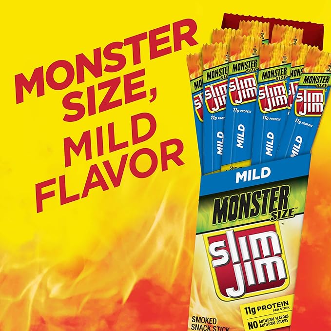 Slim Jim Monster Smoked Meat Sticks, Mild Flavor, High Protein, 1.94 oz. (18 Count)