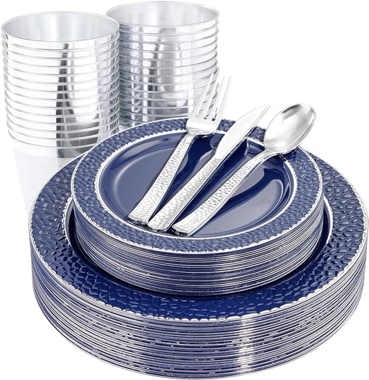 Ciaell 150 PCS Blue and Silver Plastic Plates - Blue Disposable Plate include 50 Plates, 25 Knives, 25 Forks, 25 Spoons, 25 Cups for Weddings & Party & Graduation
