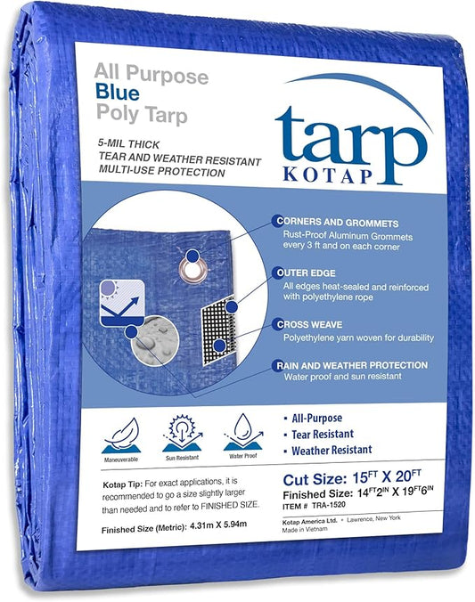 Kotap TRA-1520 Waterproof All-Purpose Multi-Use Protection/Coverage 5-mil Poly Tarp, Cut Size: 15 x 20'/Finished Size: 14' 2" X 19' 6", Blue