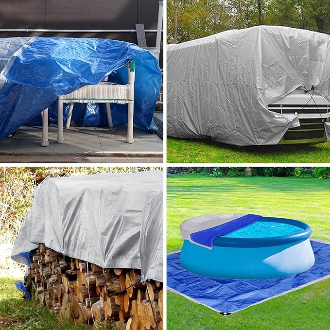 TARPAL Tarp 10x10 Feet Tarp Waterproof Large tarp 7.5mil Waterproof tarps for Outdoors,UV Protection,Rip and Tear Proof,Poly Tarpaulin(Silver/Blue)