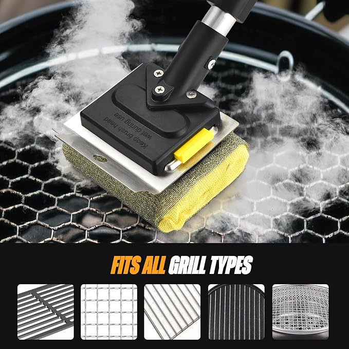 Folding Steam Grill Brush for BBQ Collapsible Design for Easy Storage Heavy Duty with Scraber & 3 Bristle Free Brush Head Grill Cleaning Tool for Camping Tailgating Indoor Out Door Gift