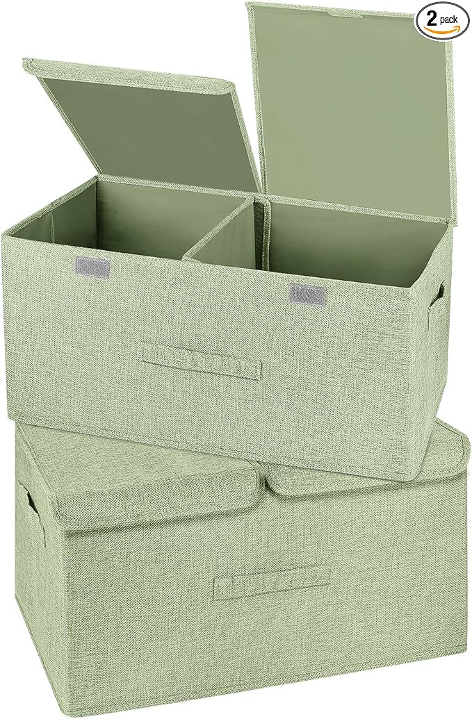 2 Pack Large Storage Boxes with Lids and Handles, Collapsible Linen Storage Bins Organizer Containers Baskets Cube with Removable Divider for Home Bedroom Closet Office (Green, Large)