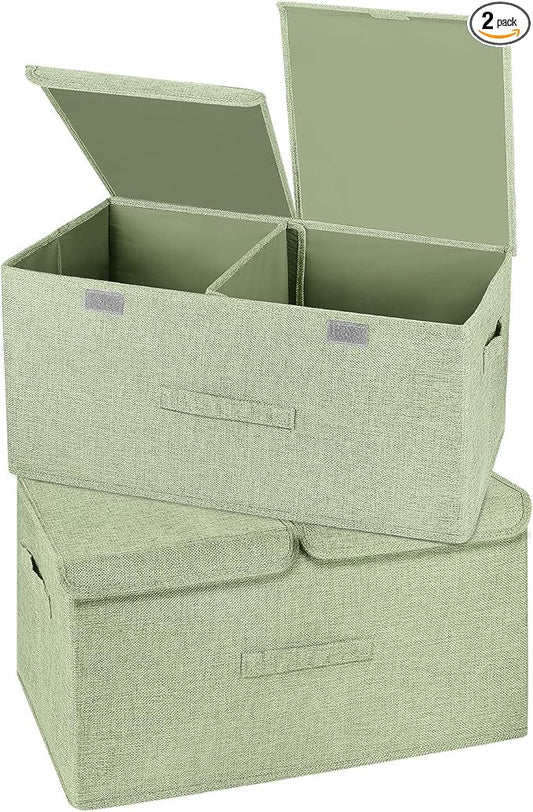 2 Pack Large Storage Boxes with Lids and Handles, Collapsible Linen Storage Bins Organizer Containers Baskets Cube with Removable Divider for Home Bedroom Closet Office (Green, Large)