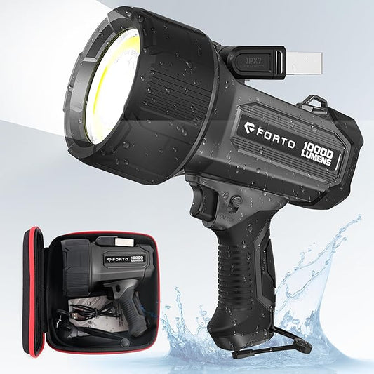 FORTO Rechargeable Spotlight 10000 Lumen Ultra Bright IPX7 Waterproof Flashlight, Boat Spotlight with EVA Carrying Case Tripod, 7 Light Modes Handheld Spotlight Flashlight for Marine Boat Hunting