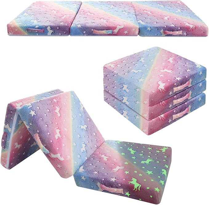 MeMoreCool Glow Rainbow Unicorn Foldable Floor Mattress for Kids, Trifold Nap Mat for Toddlers, Portable Daycare Sleeping Futon or Floor Bed, 63x26 Inch